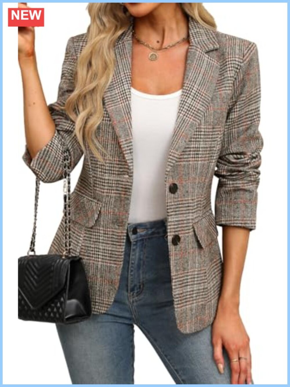 Women's Plaid Houndstooth Blazer Business Casual Office Jacket Notched Lapel